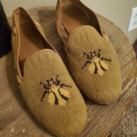 STUBBS & WOOTTON Signature Bee Yellow Brown Needlepoint Slip-On Loafers Size 9 - Picture 4 of 11